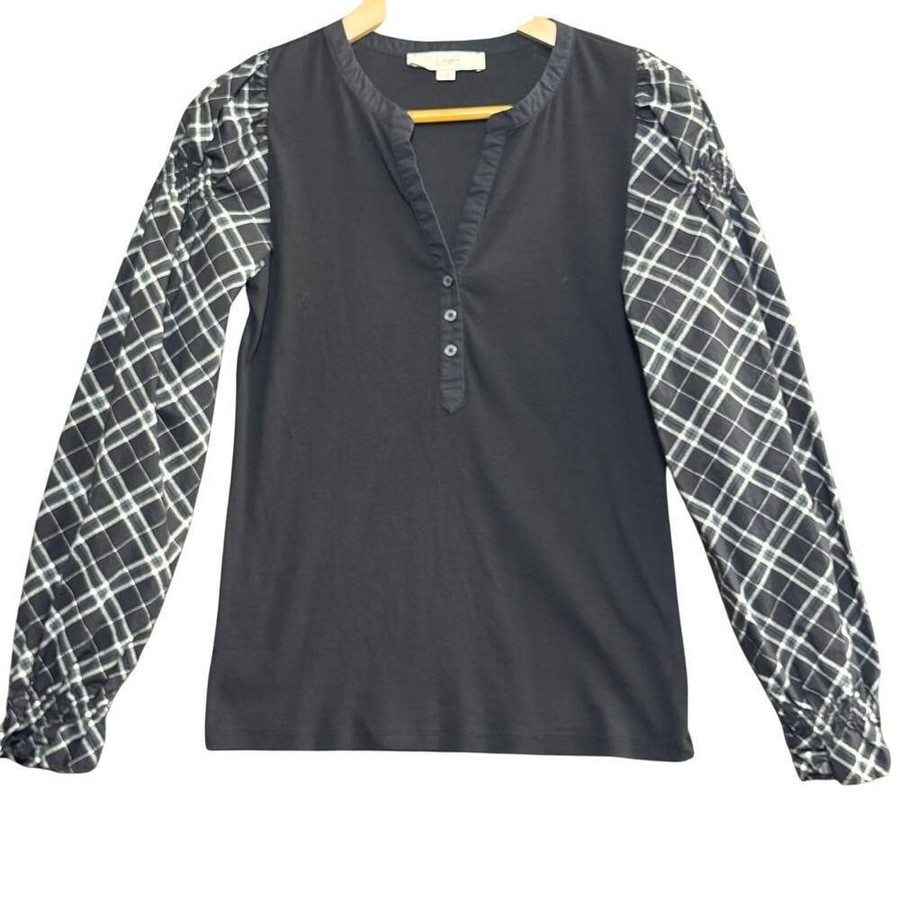 LOFT Women’s Size M‎ Mixed Media Blouse Black Plaid Puff Sleeve Henley Preppy
